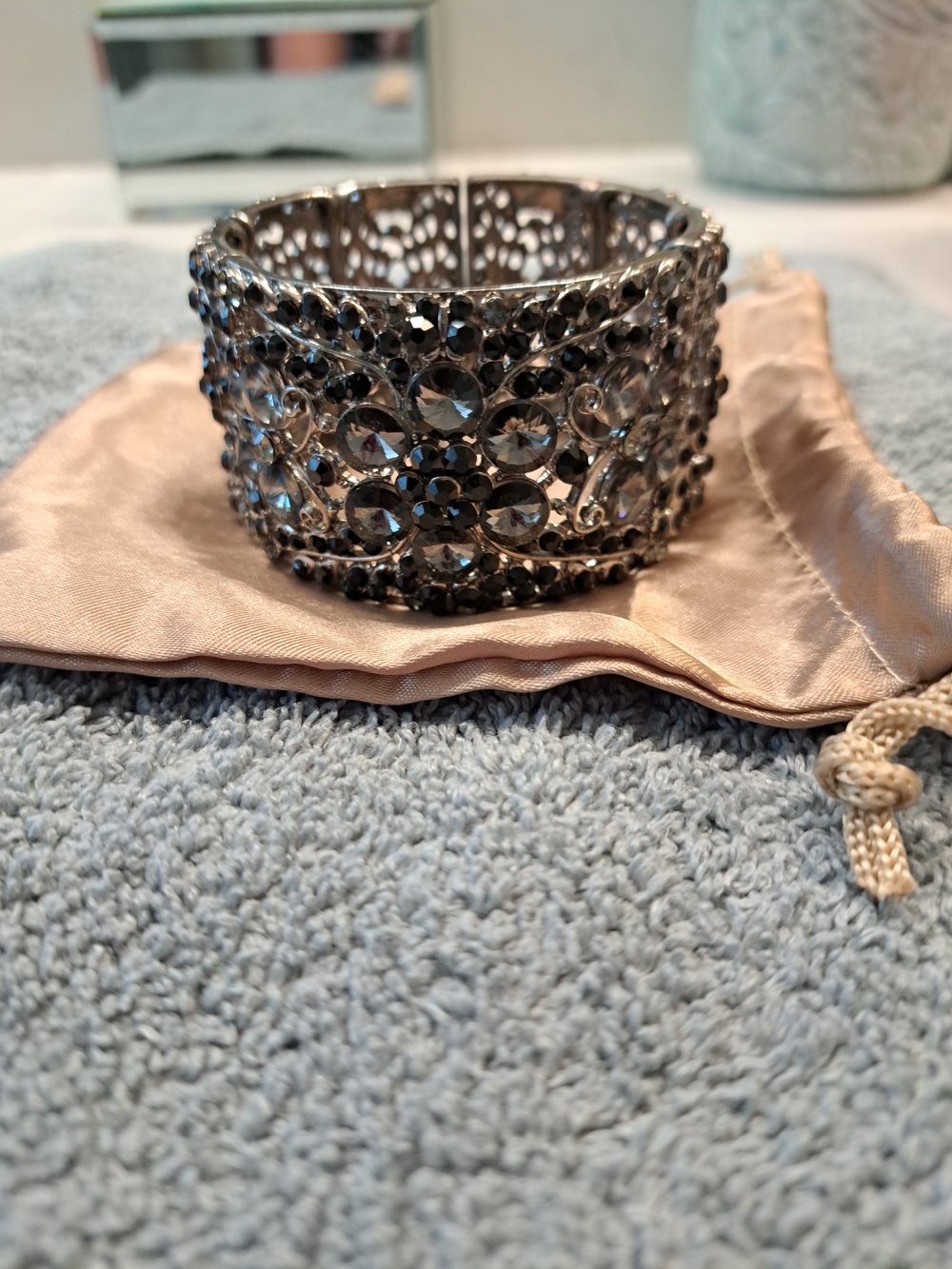 Smoky Crystal Wide Filigree Cuff Bracelet